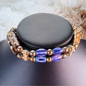 Vintage bohemian chic Blue and Brown Beaded choker, tie necklace